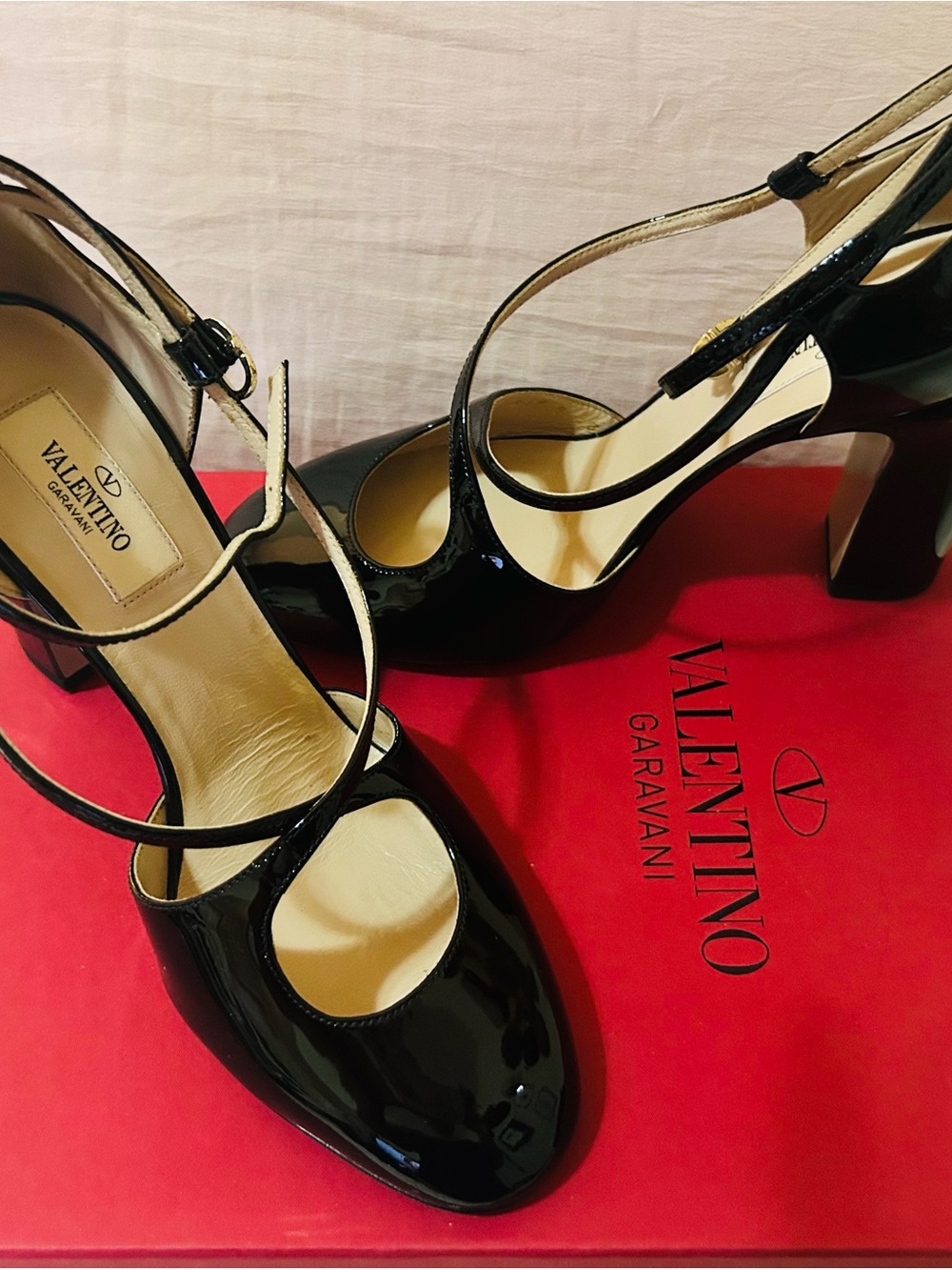 Valentino Garavani Black Patent Leather Strappy Block Heel Pumps